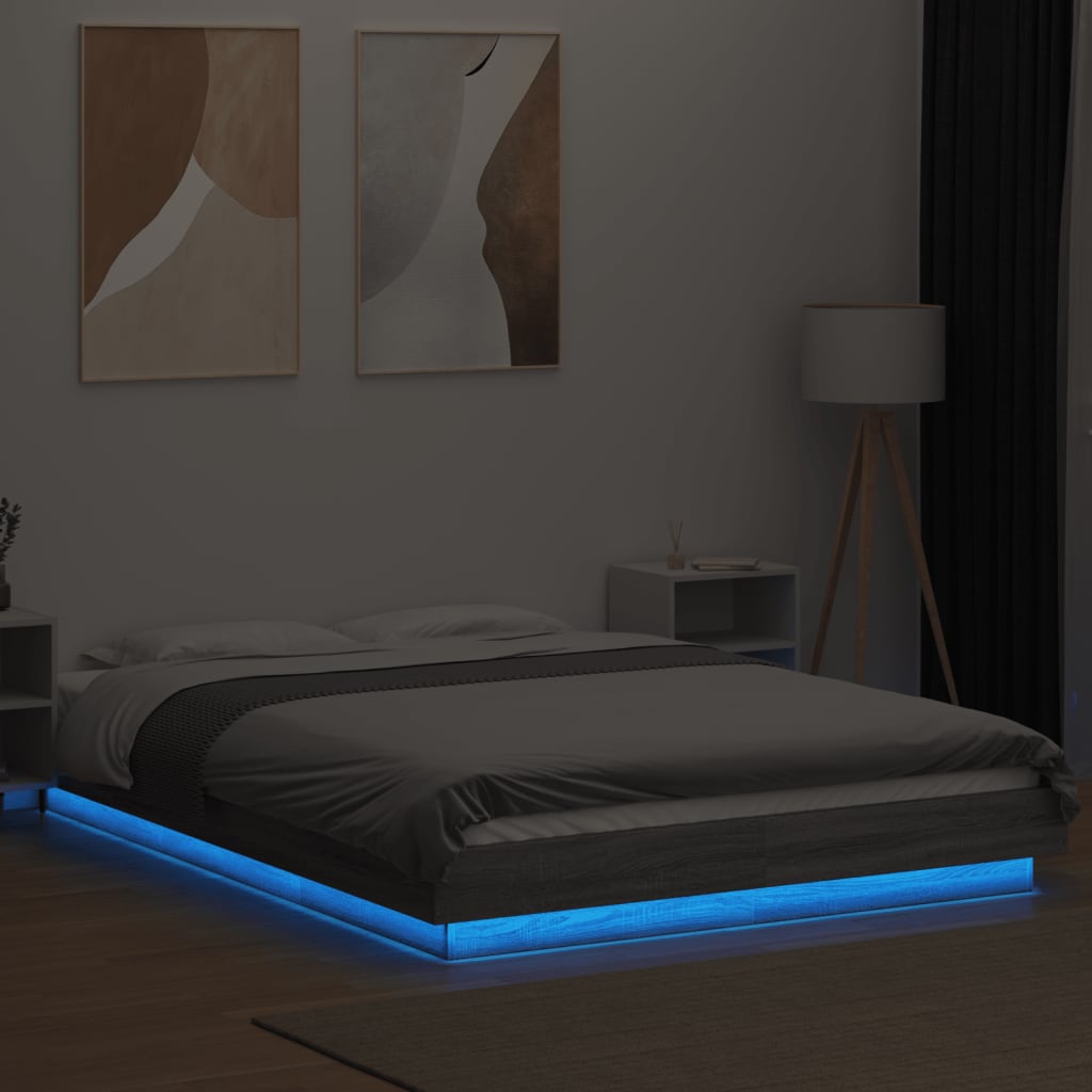 Bed Frame with LED Lights without Mattress Grey Sonoma 135x190cm
