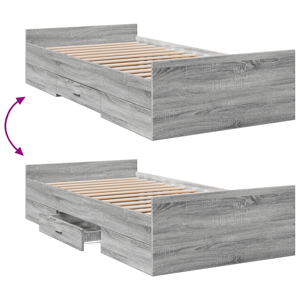 Bed Frame with Drawers without Mattress Grey Sonoma 75x190 cm Small Single