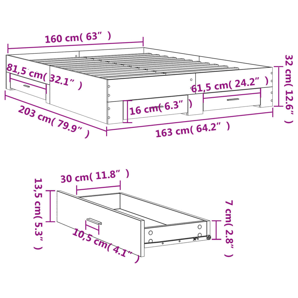 Bed Frame with Drawers without Mattress White 160x200 cm