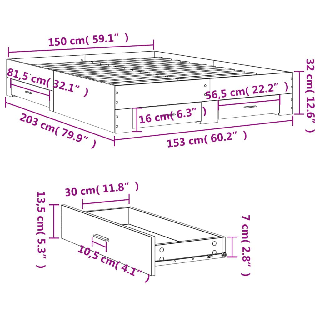 Bed Frame with Drawers without Mattress Concrete Grey 150x200 cm King Size