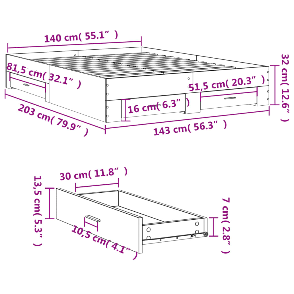 Bed Frame with Drawers without Mattress White 140x200 cm
