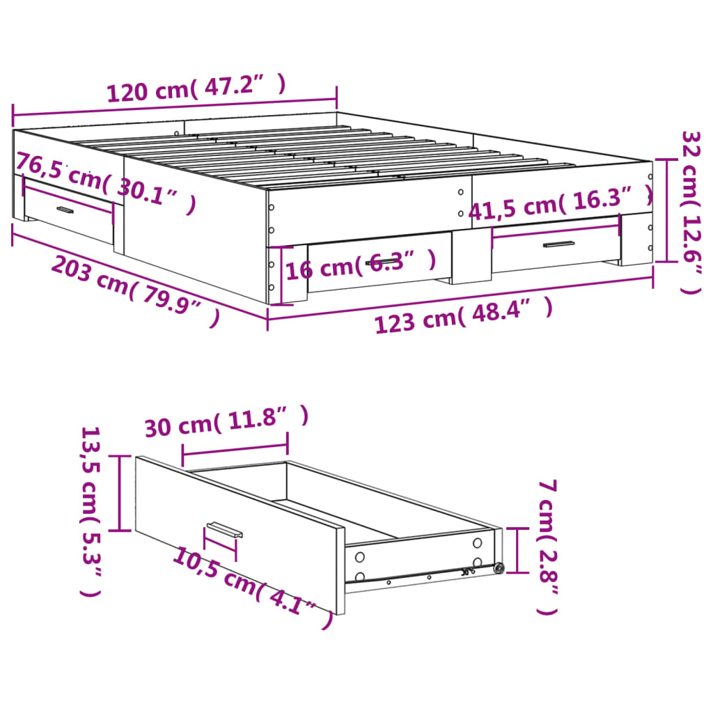 Bed Frame with Drawers without Mattress Black 120x200 cm