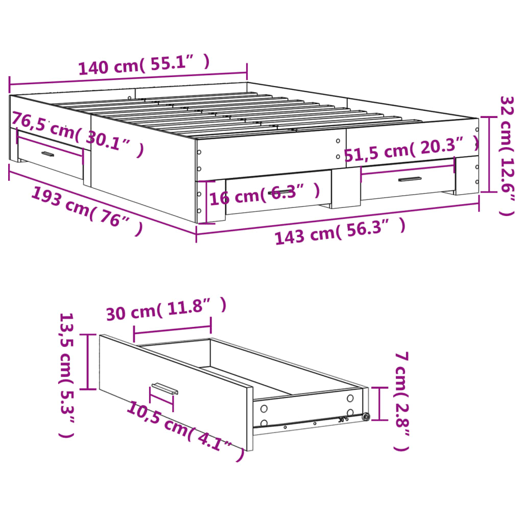 Bed Frame with Drawers without Mattress White 140x190 cm