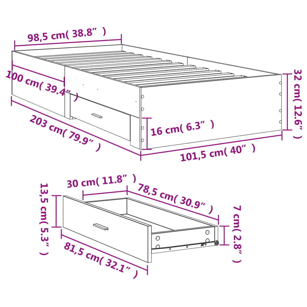 Bed Frame with Drawers without Mattress White 100x200 cm