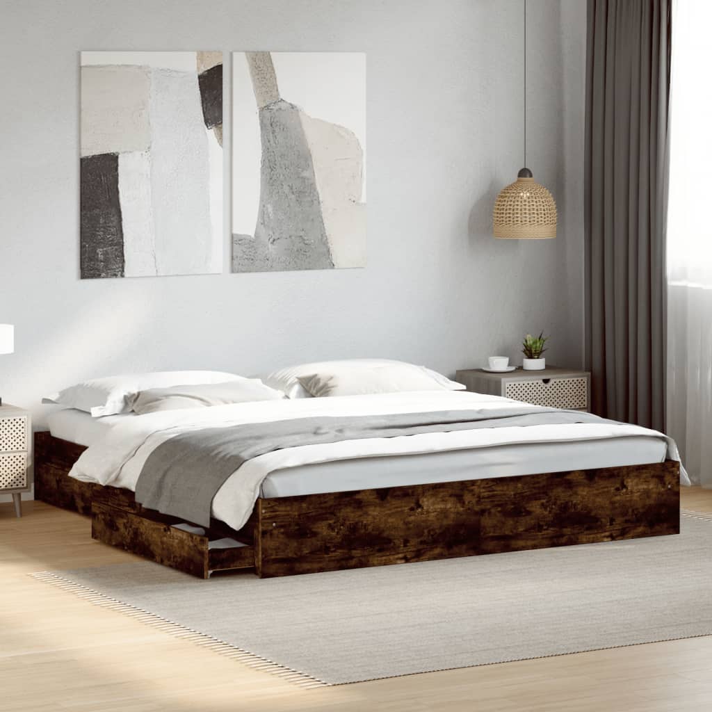 Bed Frame with Drawers without Mattress Smoked Oak 200x200 cm