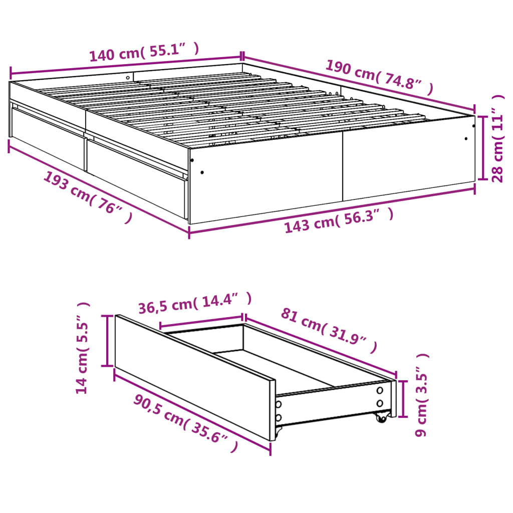 Bed Frame with Drawers without Mattress Concrete Grey 140x190 cm