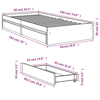 Bed Frame with Drawers without Mattress Brown Oak 90x190 cm Single