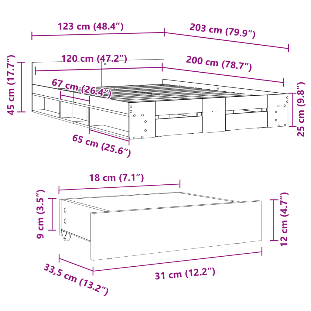 Bed Frame with Drawers without Mattress Concrete Grey 120x200 cm