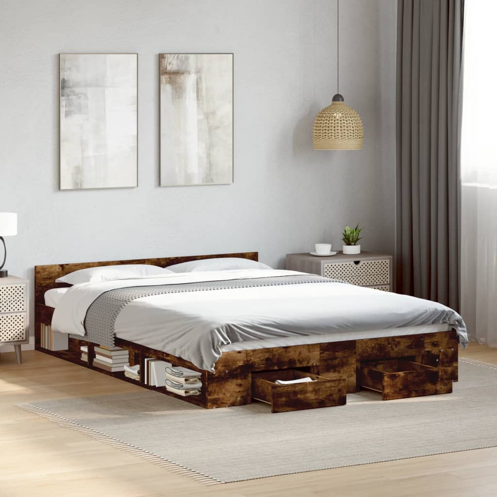 Bed Frame with Drawers without Mattress Smoked Oak 140x190 cm