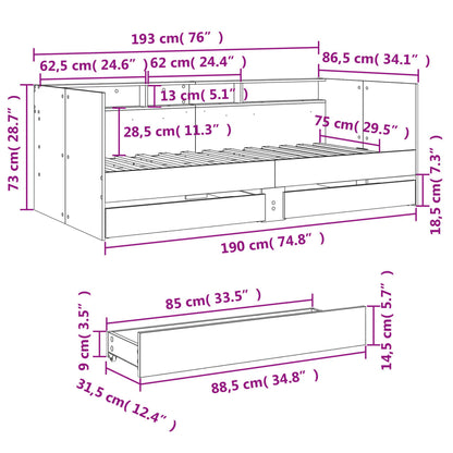 Daybed with Drawers without Mattress Smoked Oak 75x190 cm Small Single