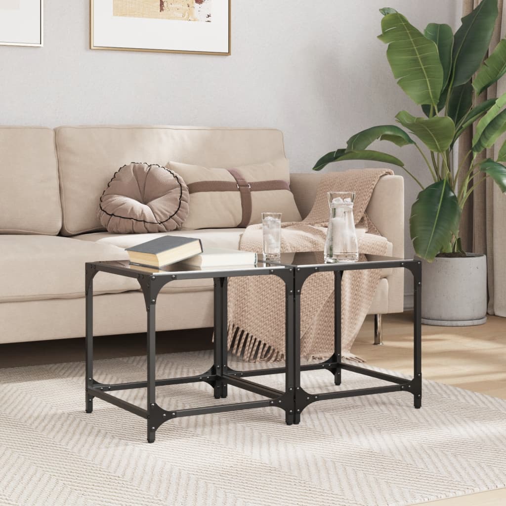 Coffee Tables with Black Glass Top 2 pcs 40x40x40 cm Steel