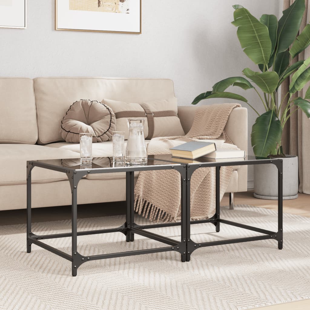 Coffee Tables with Black Glass Top 2 pcs 50x50x40 cm Steel