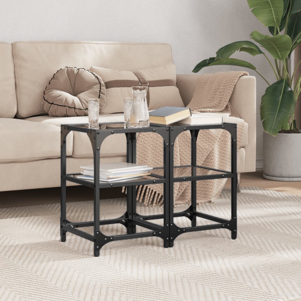 Coffee Tables with Black Glass Top 2 pcs 30x30x45 cm Steel