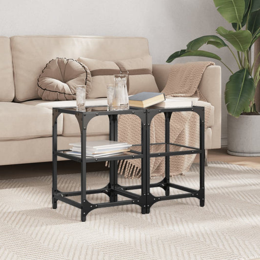 Coffee Tables with Black Glass Top 2 pcs 30x30x45 cm Steel