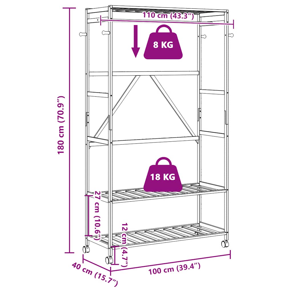 Clothes Rack with Shelves and Wheels 110x40x180 cm Bamboo