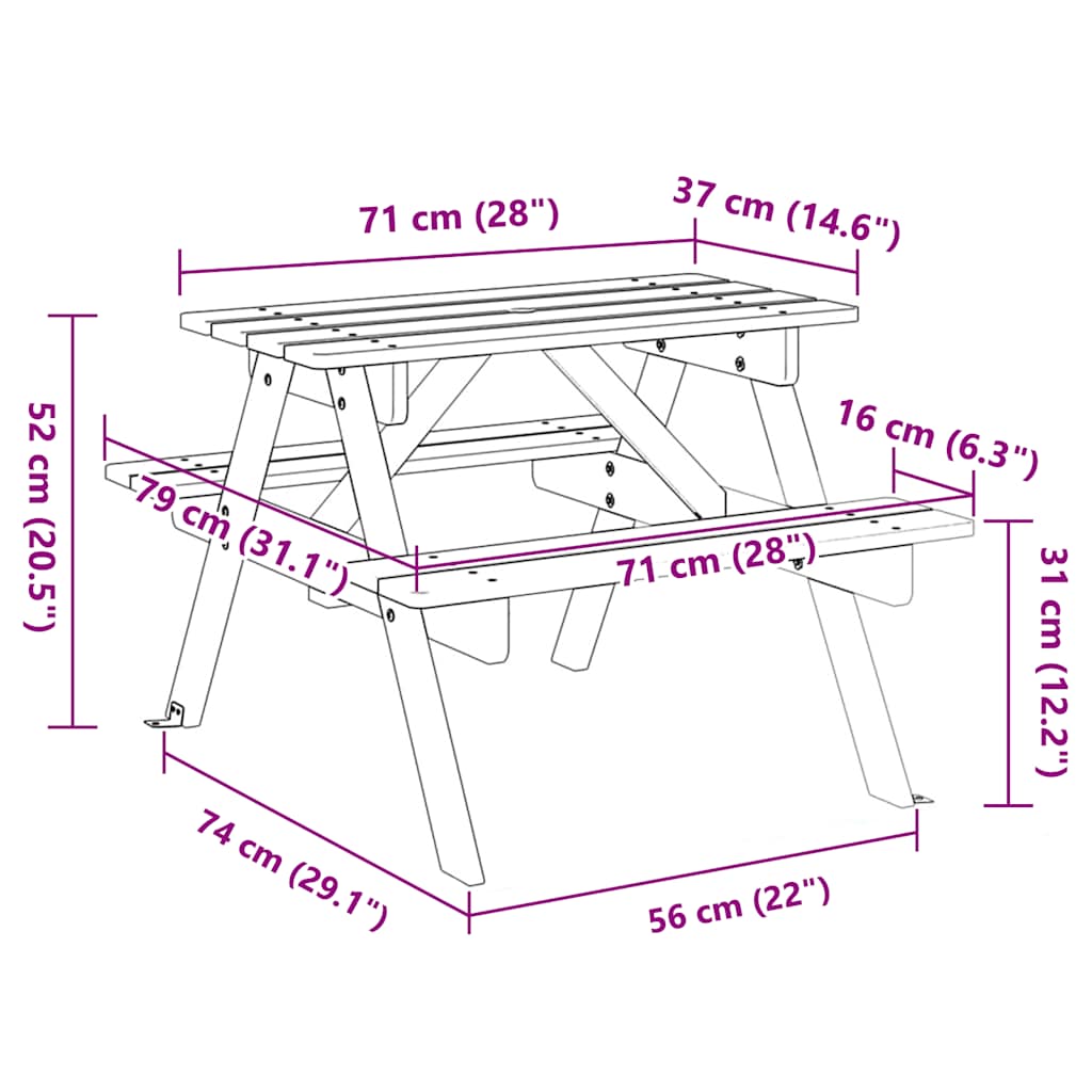 Picnic Table for 4 Kids with Umbrella Hole Solid Wood Fir