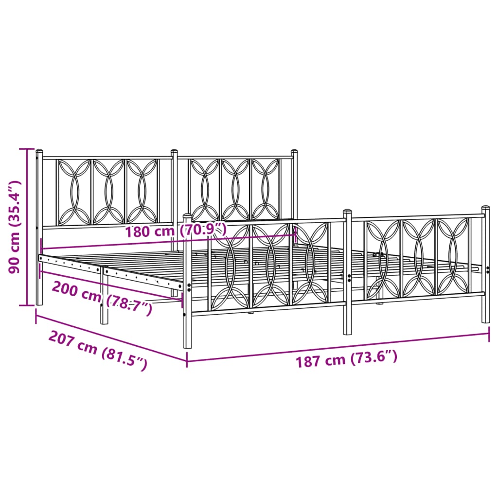 Metal Bed Frame without Mattress with Footboard Black 180x200cm