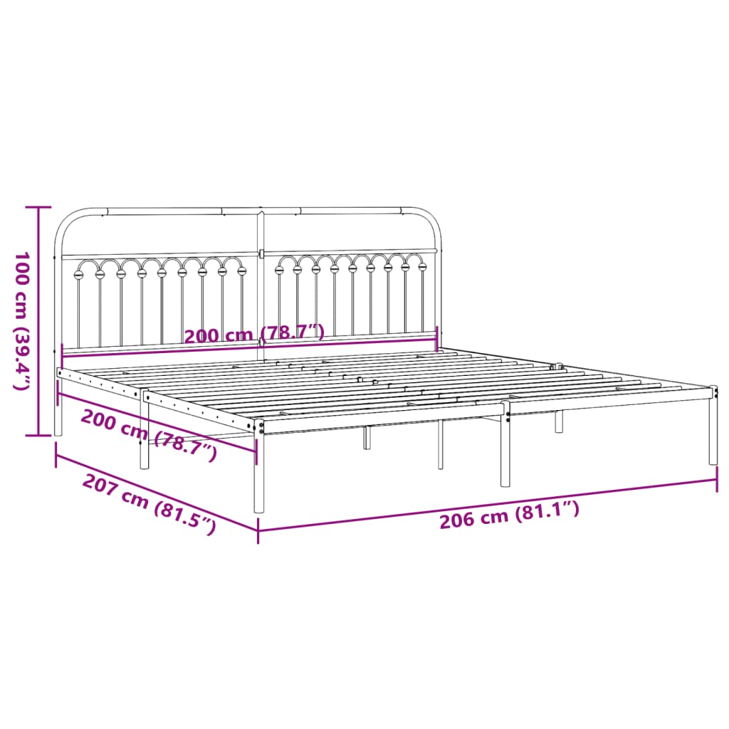 Metal Bed Frame without Mattress with Headboard Black 200x200cm