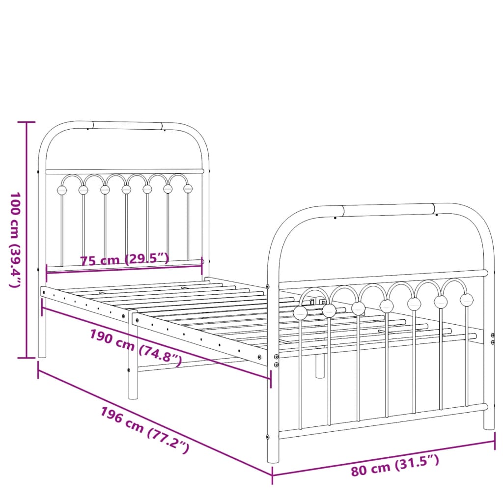 Metal Bed Frame without Mattress with Footboard White 75x190cm