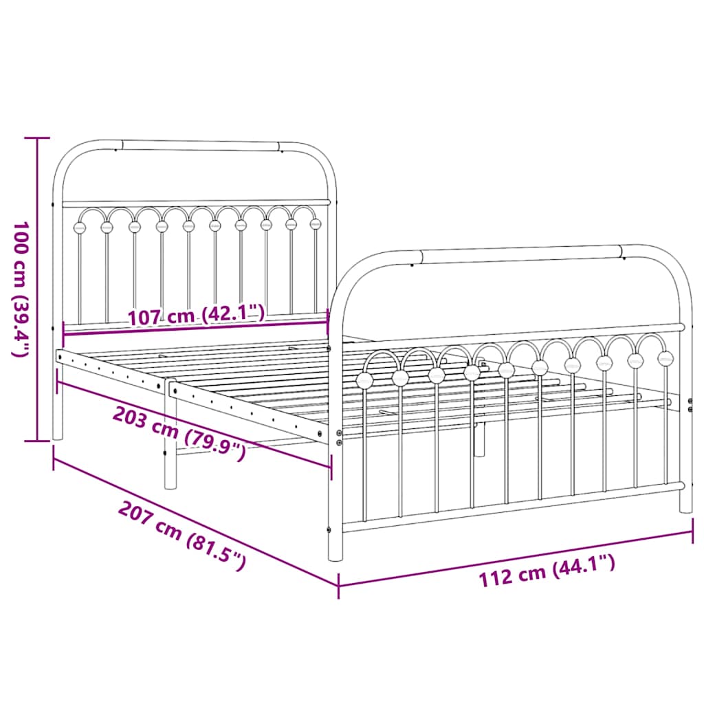 Metal Bed Frame without Mattress with Footboard White 107x203cm