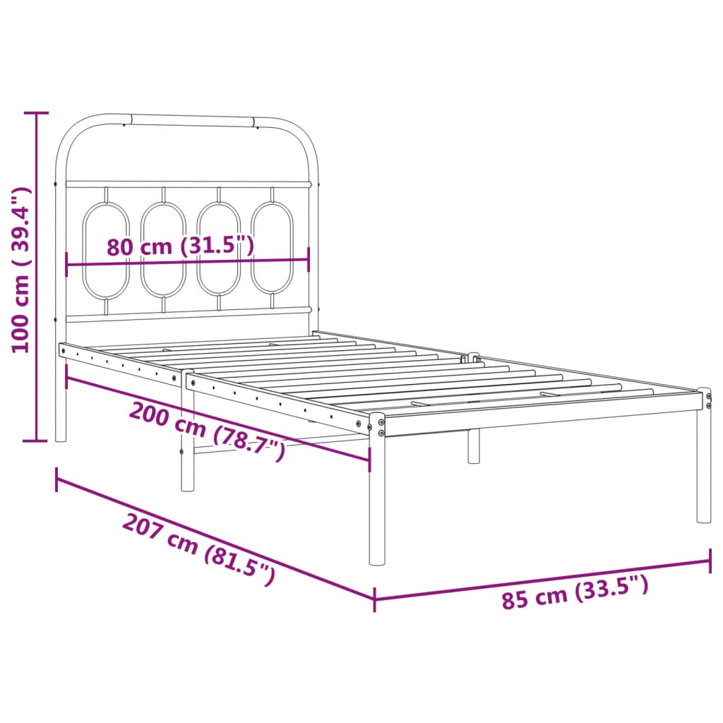 Metal Bed Frame without Mattress with Headboard Black 80x200cm