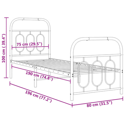 Metal Bed Frame without Mattress with Footboard Black 75x190cm