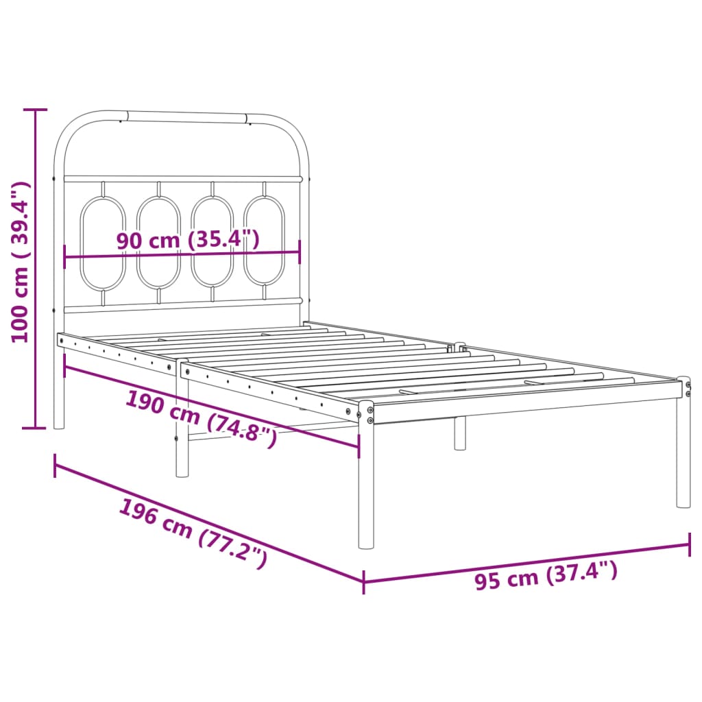 Metal Bed Frame without Mattress with Headboard White 90x190cm