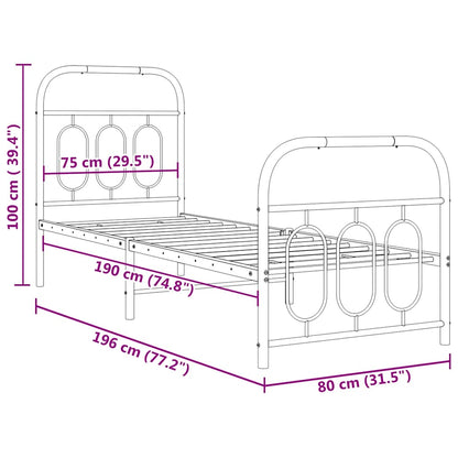 Metal Bed Frame without Mattress with Footboard White 75x190cm
