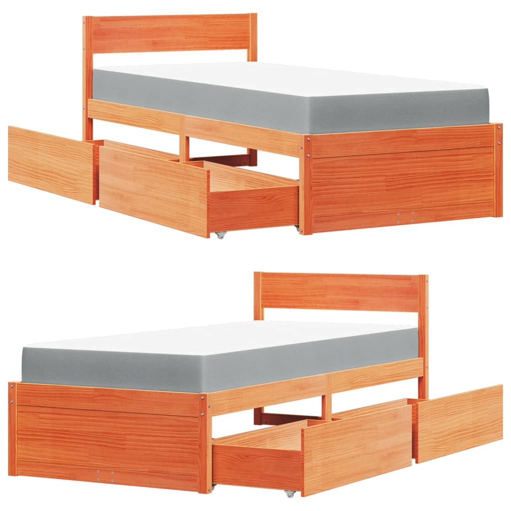 Bed with Drawers and Mattress Wax Brown 90x200 cm Solid Wood Pine