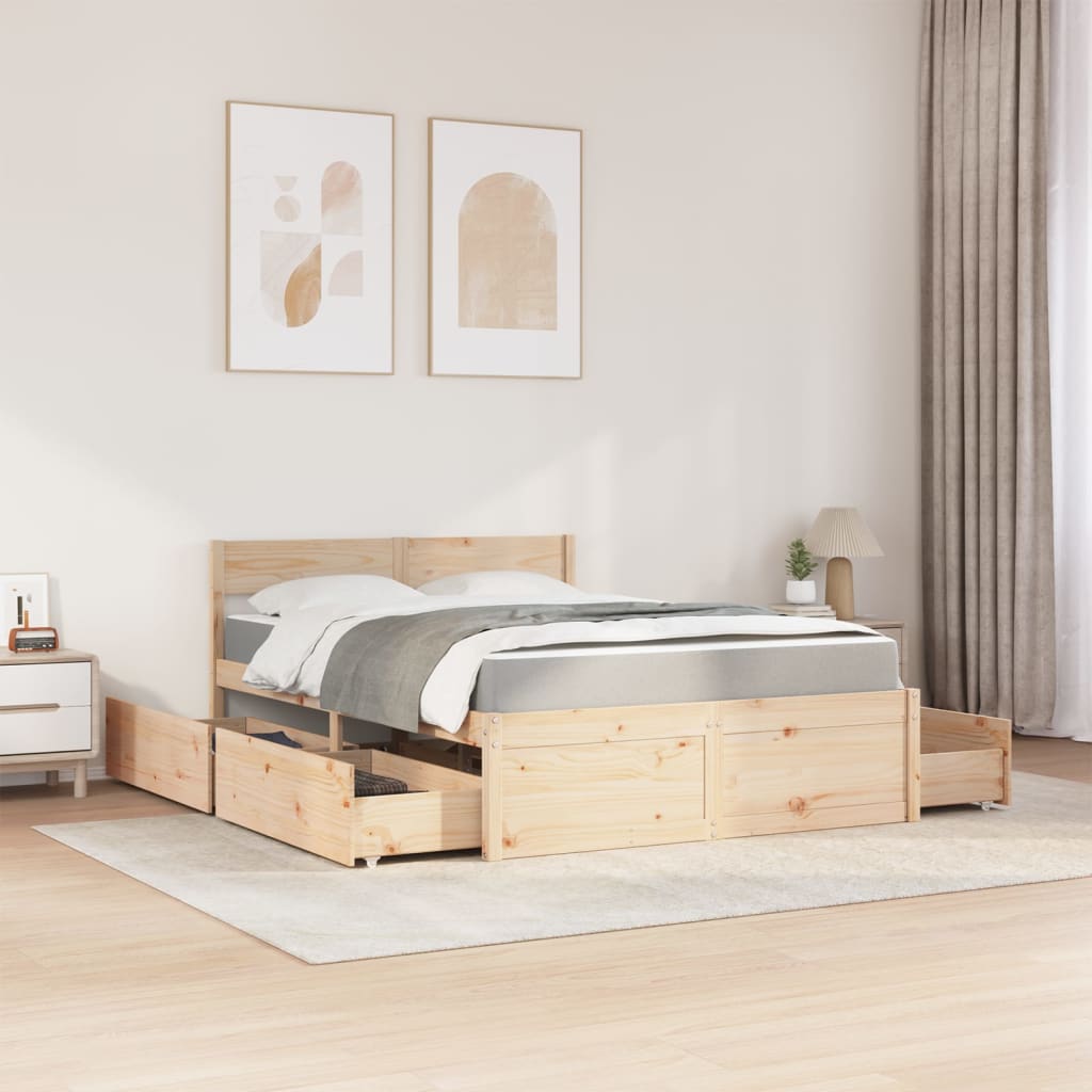 Bed with Drawers and Mattress 140x190 cm Solid Wood Pine
