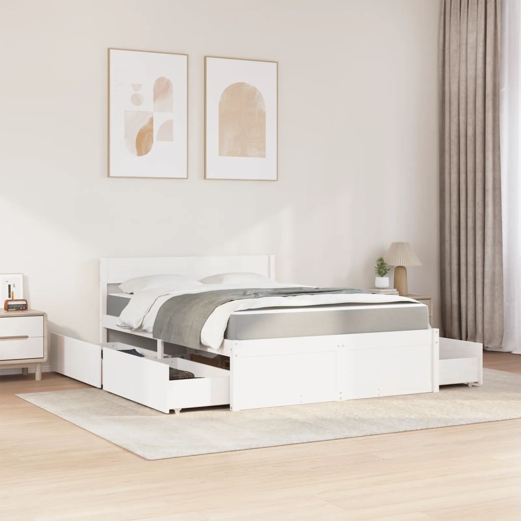 Bed with Drawers and Mattress White 140x190 cm Solid Wood Pine