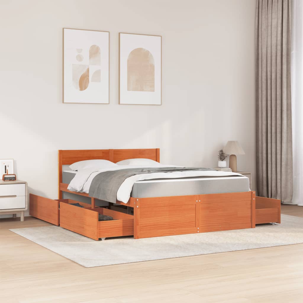 Bed with Drawers and Mattress Wax Brown 140x190 cm Solid Wood Pine