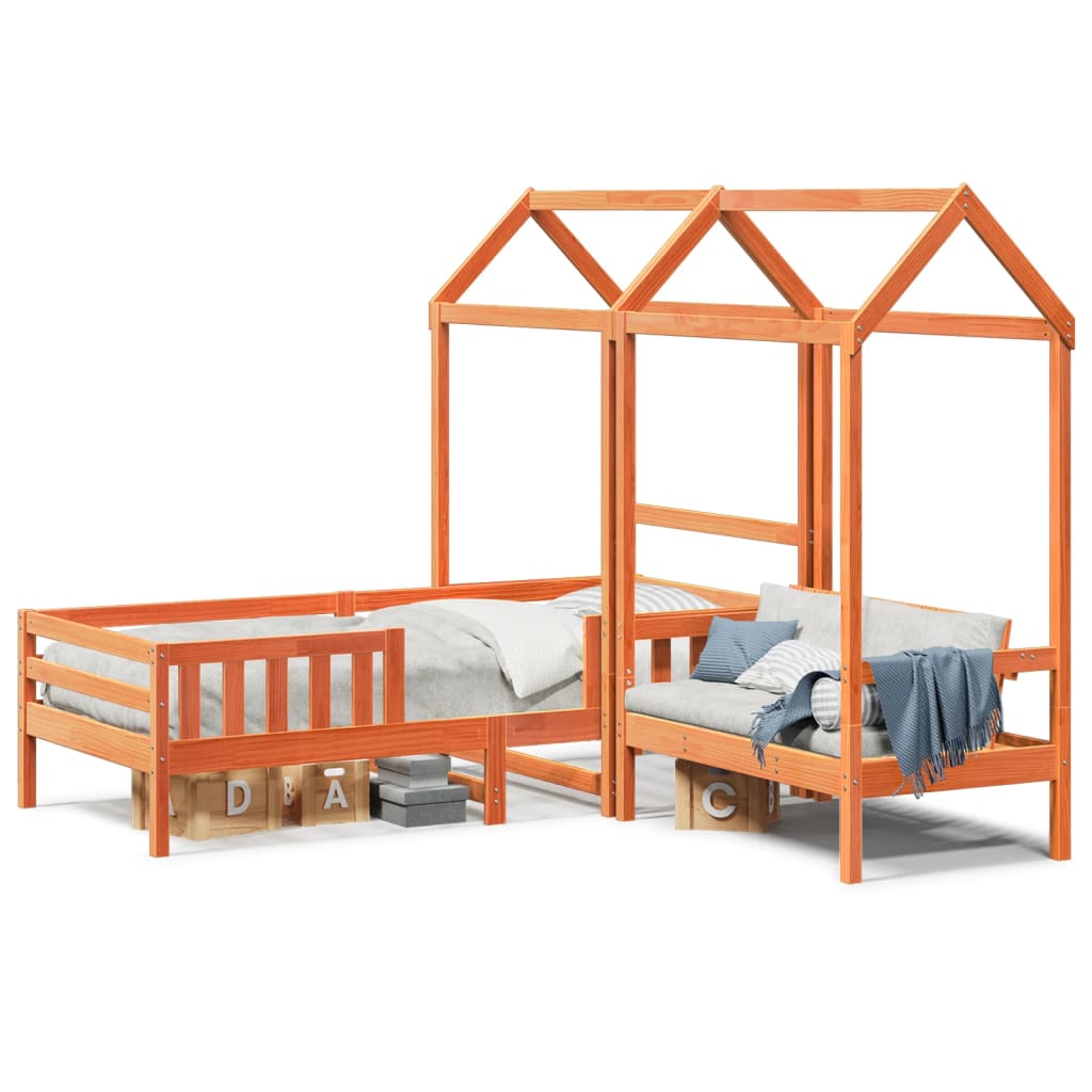 Bed and Bench Set with Roof without Mattress Wax Brown 90x200 cm