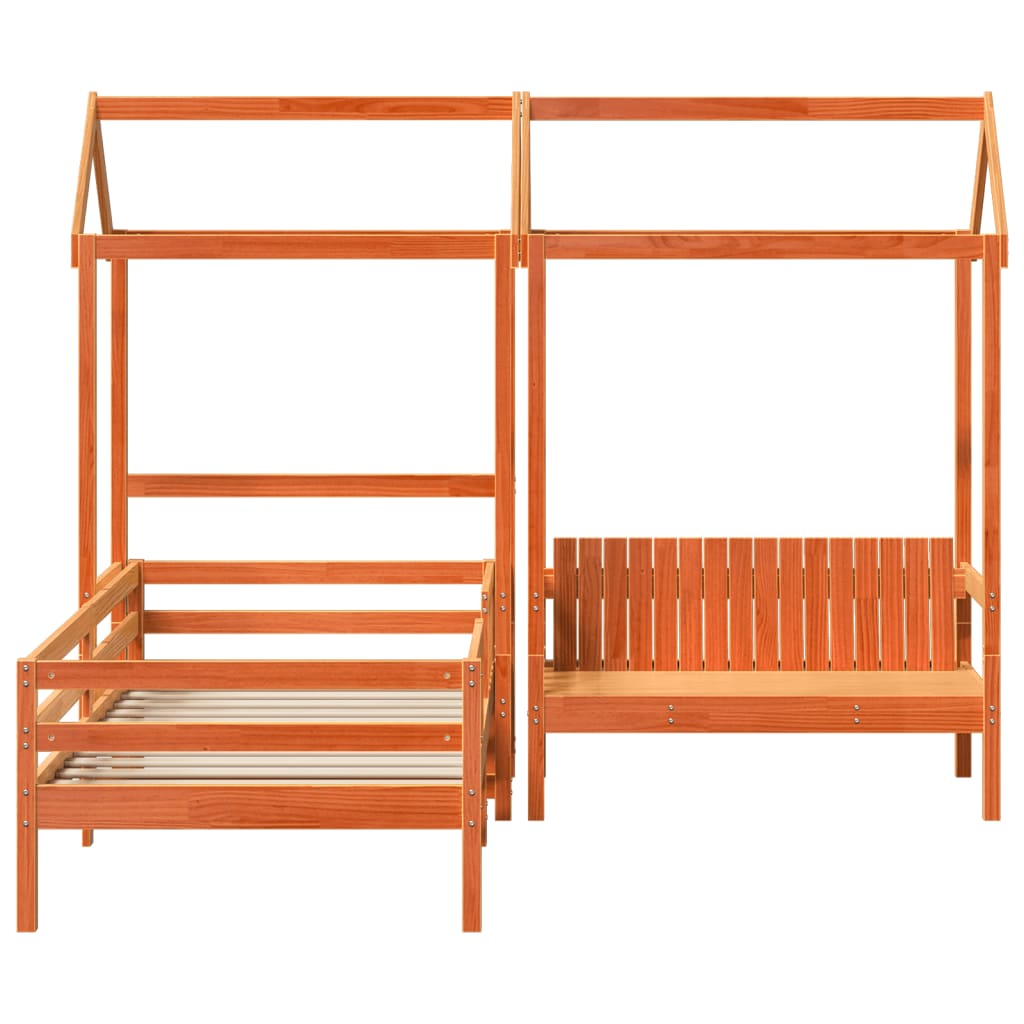 Bed and Bench Set with Roof without Mattress Wax Brown 90x200 cm