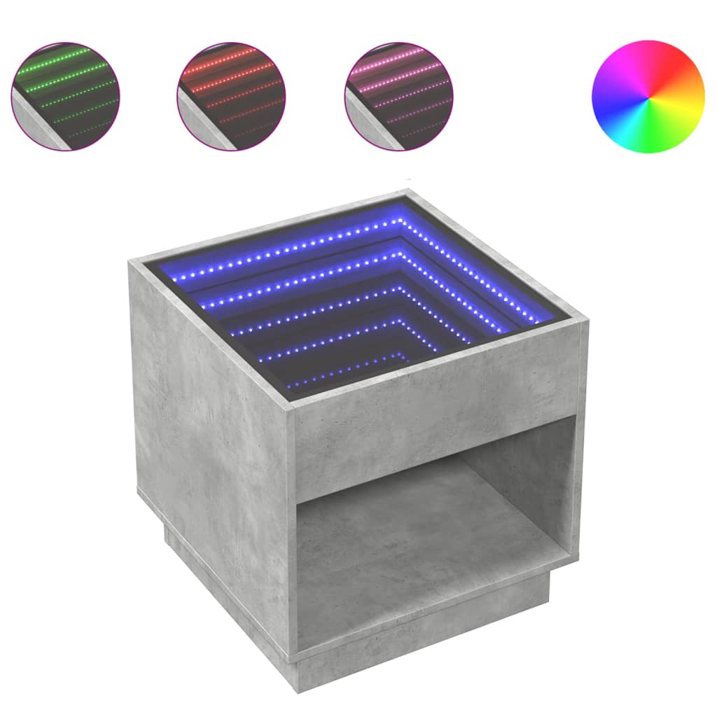 Bedside Table with Infinity LED Concrete Grey 50x50x50 cm