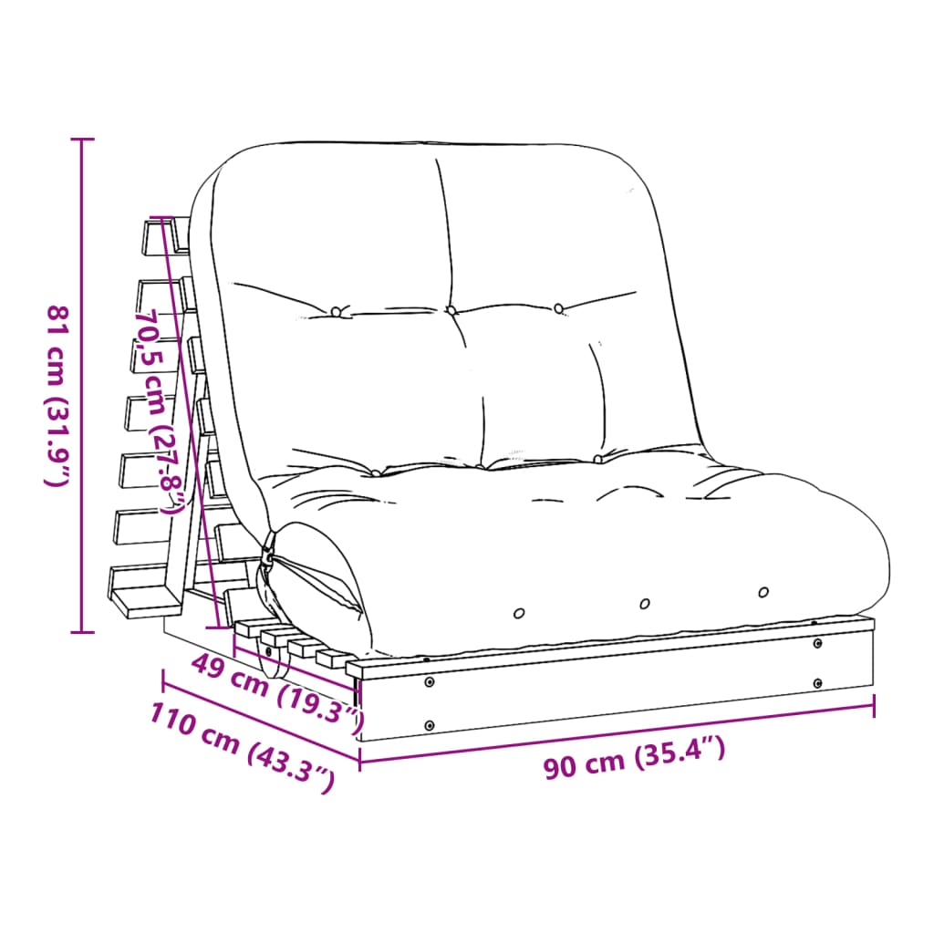 Futon Sofa Bed with Mattress White 90x206x11 cm Solid Wood Pine