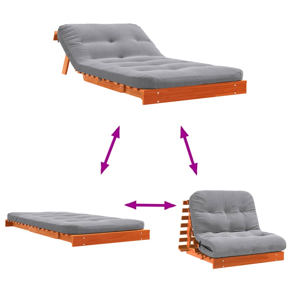 Futon Sofa Bed with Mattress Wax Brown 100x206x11 cm Solid Wood Pine