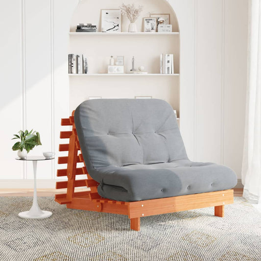 Futon Sofa Bed with Mattress Wax Brown 100x206x11 cm Solid Wood Pine
