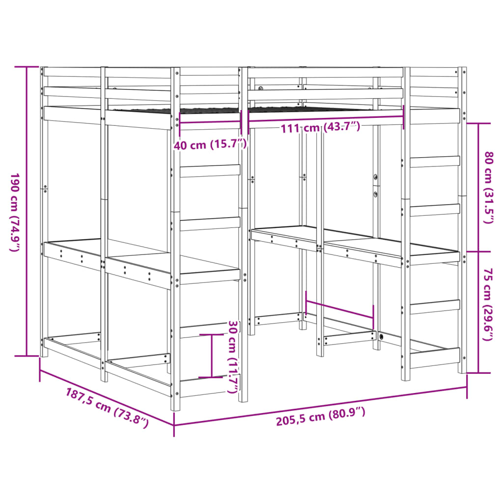Loft Bed with Desk and Ladder White 180x200 cm Super King Solid Wood Pine