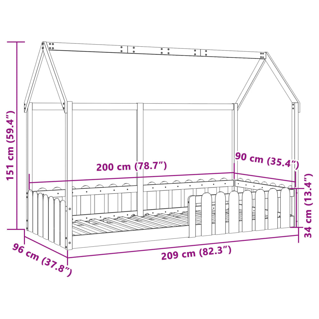 Kids' House Bed Frame without Mattress 90x200 cm Solid Wood Pine