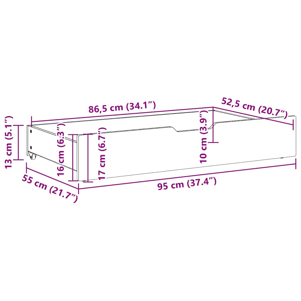 Under-Bed Drawers 2 pcs White 95x55x17 cm Solid Wood Pine