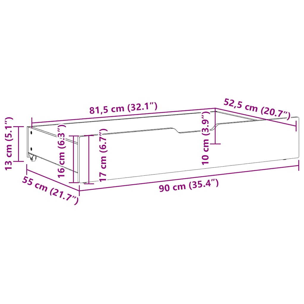 Under-Bed Drawers 2 pcs White 90x55x17 cm Solid Wood Pine