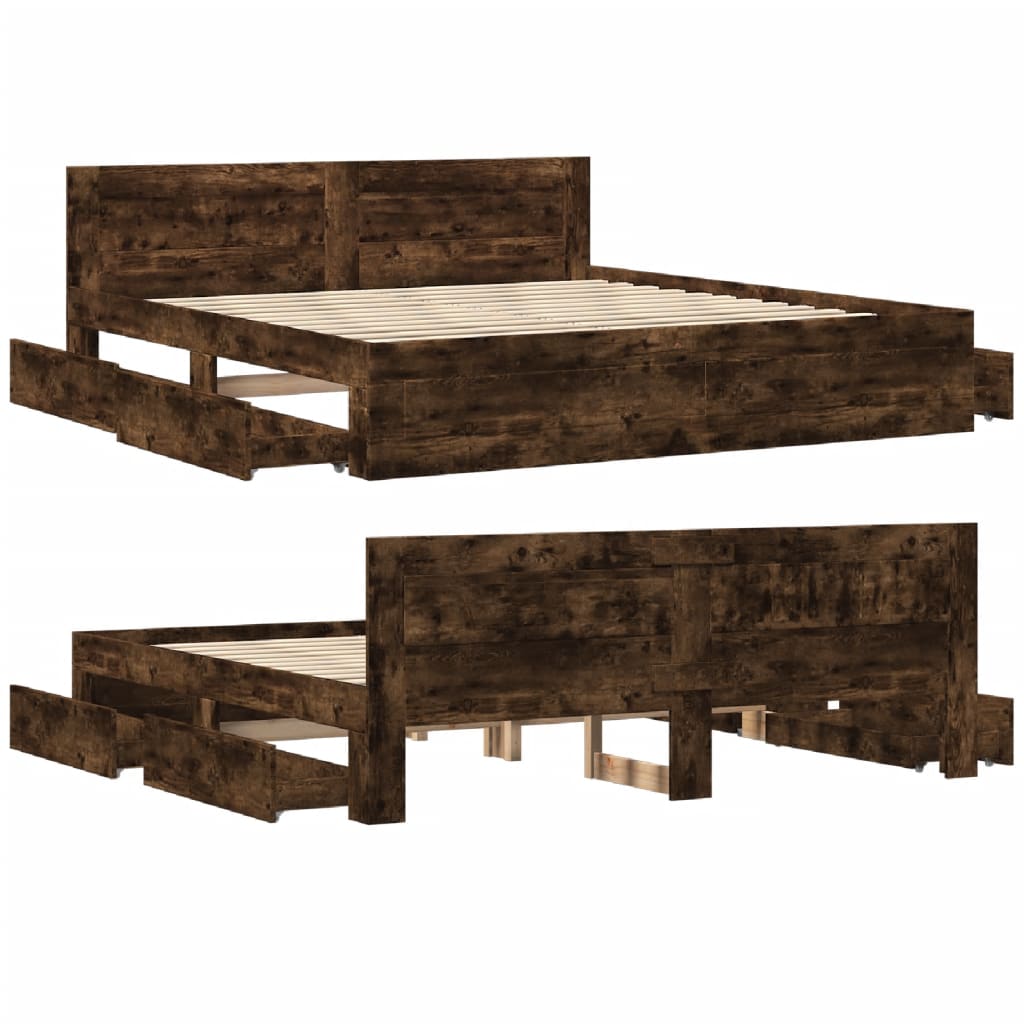 Bed Frame with Headboard without Mattress Smoked Oak 180x200 cm Super King