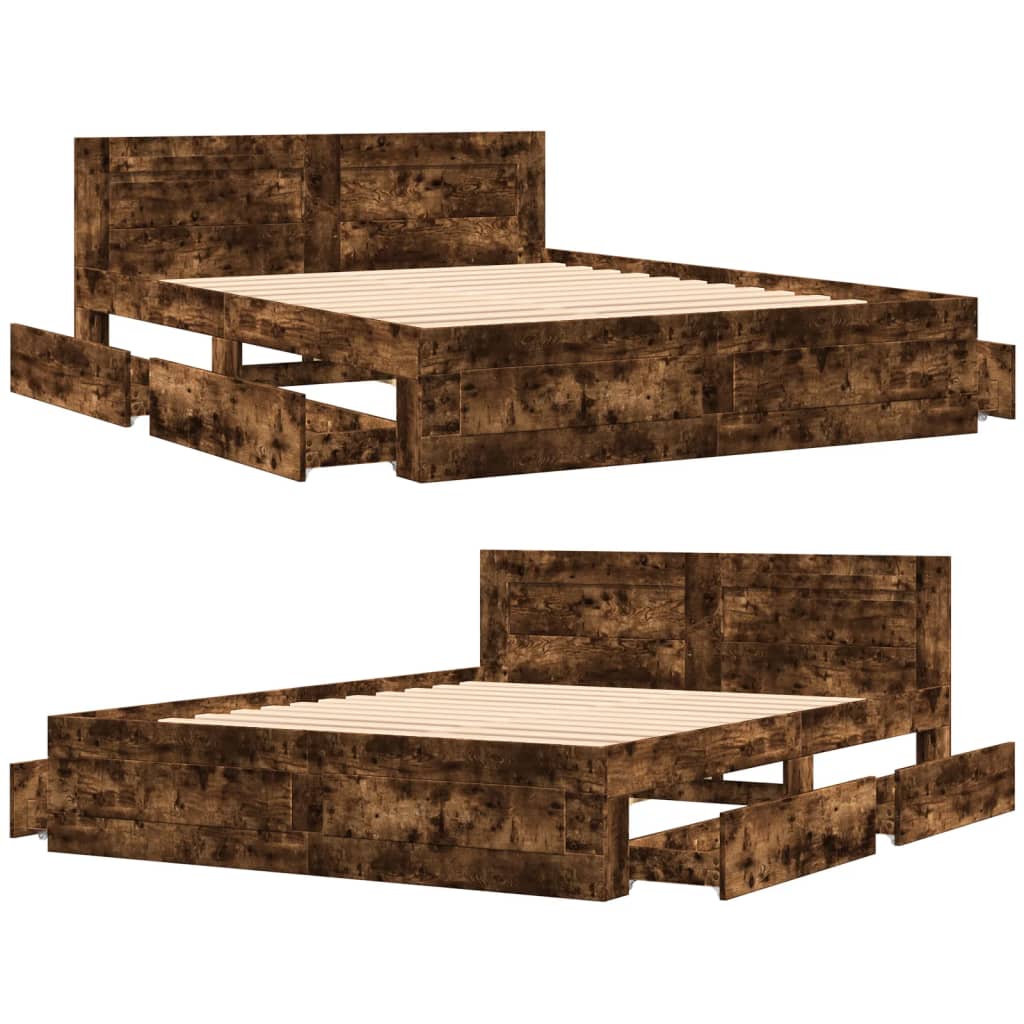 Bed Frame with Headboard without Mattress Smoked Oak 160x200 cm