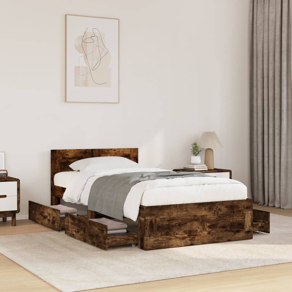 Bed Frame with Headboard without Mattress Smoked Oak 100x200 cm