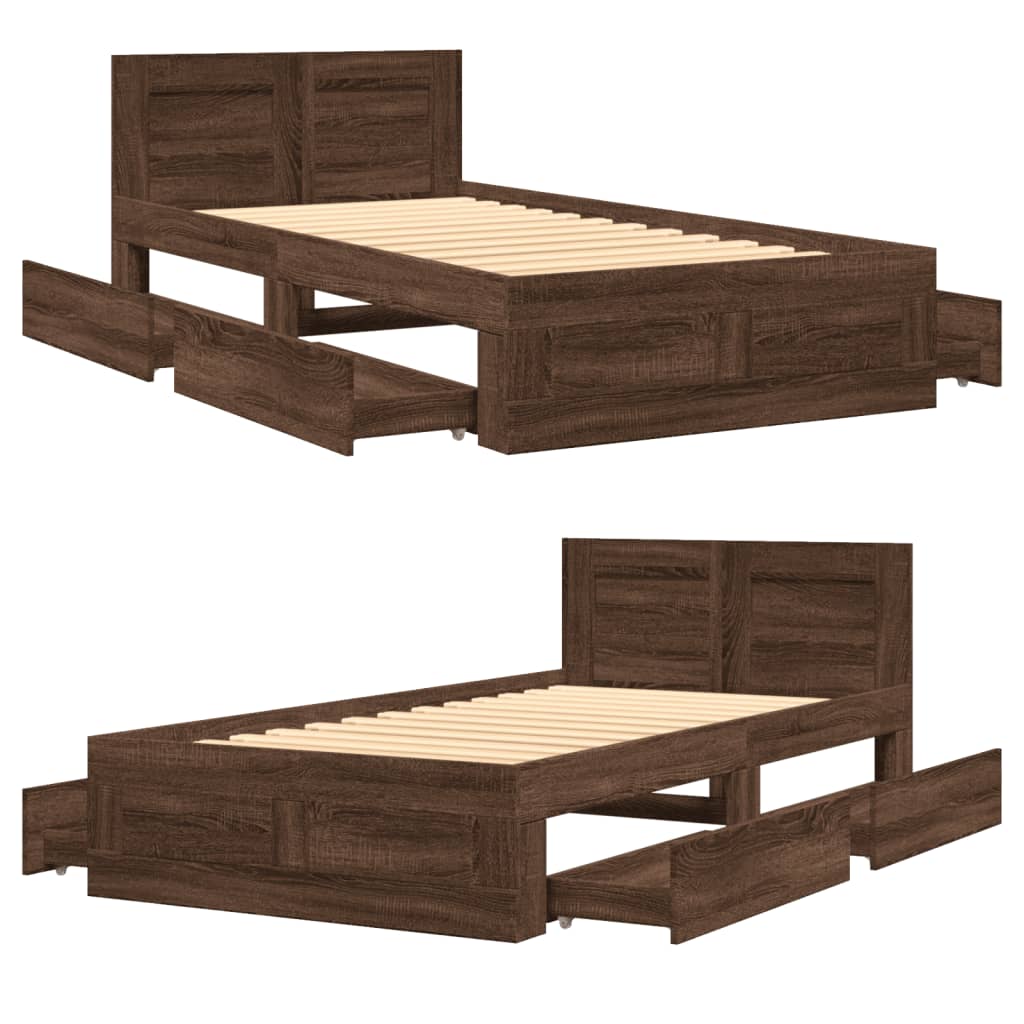 Bed Frame with Headboard without Mattress Brown Oak 75x190 cm Small Single