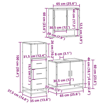 3 Piece Bathroom Furniture Set Smoked Oak Engineered Wood