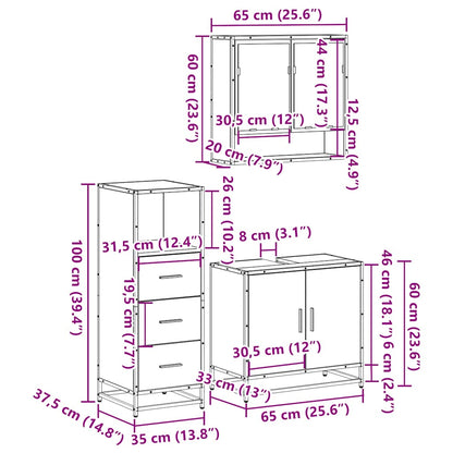 3 Piece Bathroom Furniture Set Brown Oak Engineered Wood