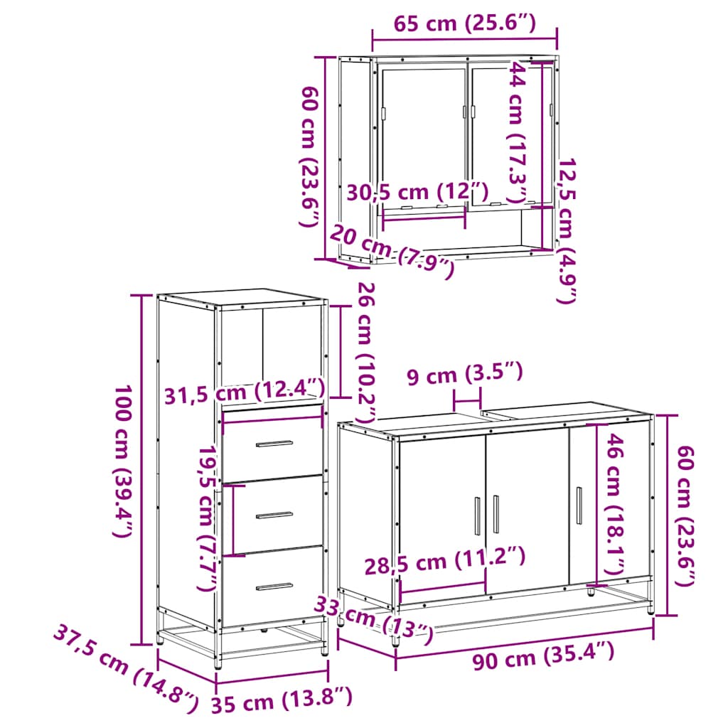 3 Piece Bathroom Furniture Set Smoked Oak Engineered Wood