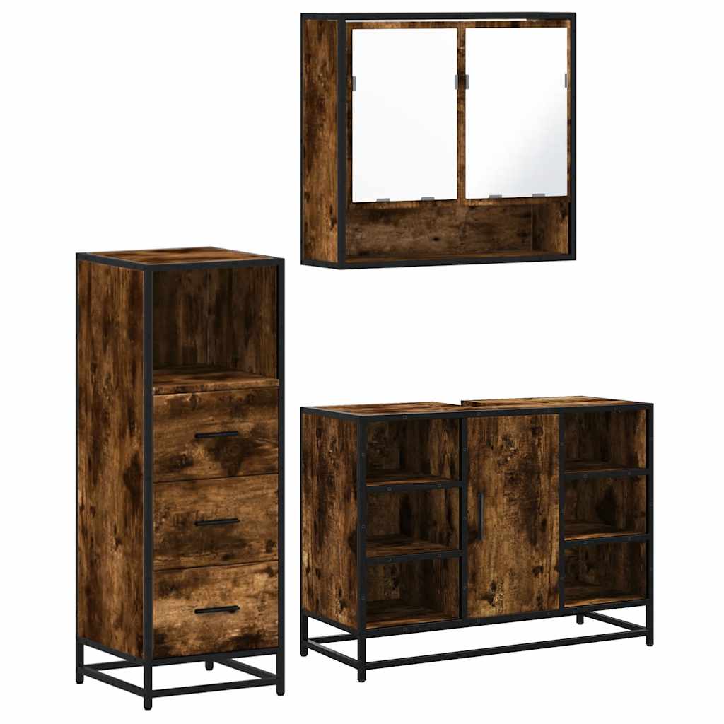 3 Piece Bathroom Furniture Set Smoked Oak Engineered Wood